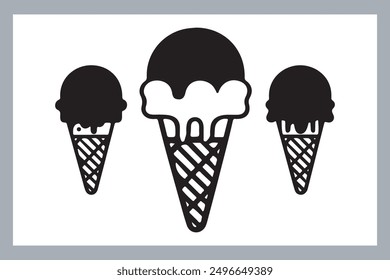 Ice cream black silhouette icons set on white. Balls in waffle cone, soft serve sundae in glass, Ice cream silhouette vector illustrations. Ice cream silhouettes isolated.