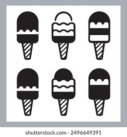 Ice cream black silhouette icons set on white. Balls in waffle cone, soft serve sundae in glass, Ice cream silhouette vector illustrations. Ice cream silhouettes isolated.