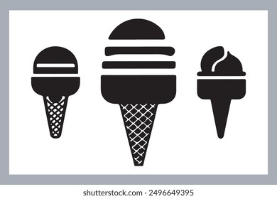 Ice cream black silhouette icons set on white. Balls in waffle cone, soft serve sundae in glass, Ice cream silhouette vector illustrations. Ice cream silhouettes isolated.