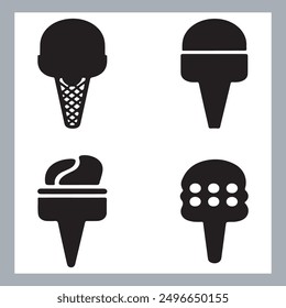 Ice cream black silhouette icons set on white. Balls in waffle cone, soft serve sundae in glass, Ice cream silhouette vector illustrations. Ice cream silhouettes isolated.