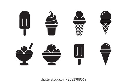 Iconos de la silueta del helado negro fijados en blanco. Bolas en cono de waffle, sundae suave servido en vidrio, paleta en palo. Elementos de Vector para el diseño mínimo del verano, ilustración dulce del bocado