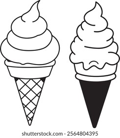 Ice cream black silhouette icons set on white. Balls in waffle cone, soft serve sundae in glass, popsicle on stick. 