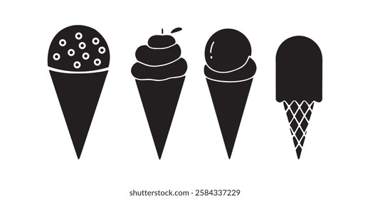 Ice cream black silhouette icons set on white. Balls in waffle cone, soft serve sundae in glass, popsicle on stick. Vector and png elements for minimal summer design, sweet snack illustration or logo 