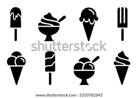 Ice cream black silhouette icons set on white. Balls in waffle cone, soft serve sundae in glass, popsicle on stick. Vector and png elements for minimal summer design, sweet snack illustration or logo