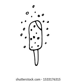 Ice cream black and white doodle icon. Poster with ice-cream. Cute hand drawn ice cream. Vector hand drawn ice cream Illustration. Vector isolated on white background. 
