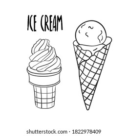 Ice cream black and white set in cartoon style.