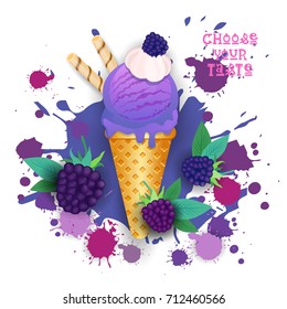 Ice Cream Blackberry Cone Colorful Dessert Icon Choose Your Taste Cafe Poster Vector Illustration