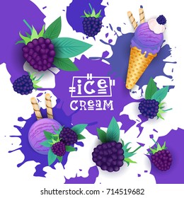 Ice Cream With Blackberry Taste Dessert Colorful Poster Vector Illustration