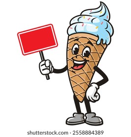 Ice Cream with blank sign board,  Cartoon Character Mascot Illustration Vector Clip-art Hand-drawn Logo Design