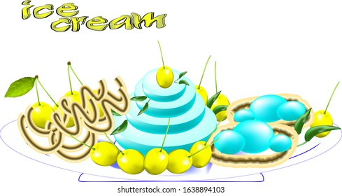ice cream, blue on waffle cake and cake, with yellow cherries, waffle sticks