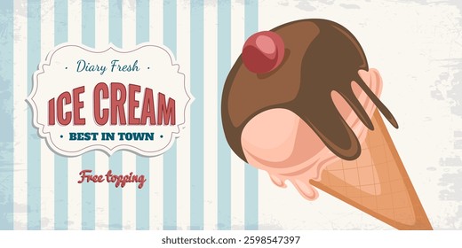Ice cream blue retro banner. Sweet cold dessert social media advertising. Vintage brand post with text. Branding for cafe or shop. Flat vintage Vector illustration.