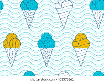 ice cream with blue waves seamless pattern