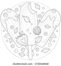 Ice cream with blueberries, strawberries, raspberries and mint.Sweets.Coloring book antistress for children and adults. Illustration isolated on white background.
Black and white drawing.Zen-tangle 