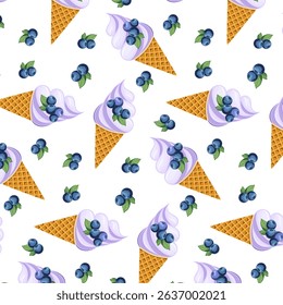 Ice cream and blueberries.Vector seamless pattern with ice cream and blueberries on transparent background.