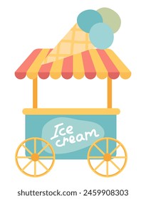 Ice cream booth in flat design. Street food cart at amusement park. Vector illustration isolated.