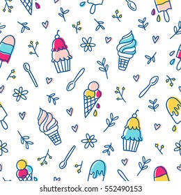 Ice cream and botanical seamless pattern