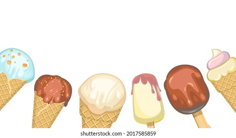 Ice cream bottom border. Background illustration. In waffle glasses and cones. Popsicle on sticks. Summer food sweet dessert. Flat design. Vector