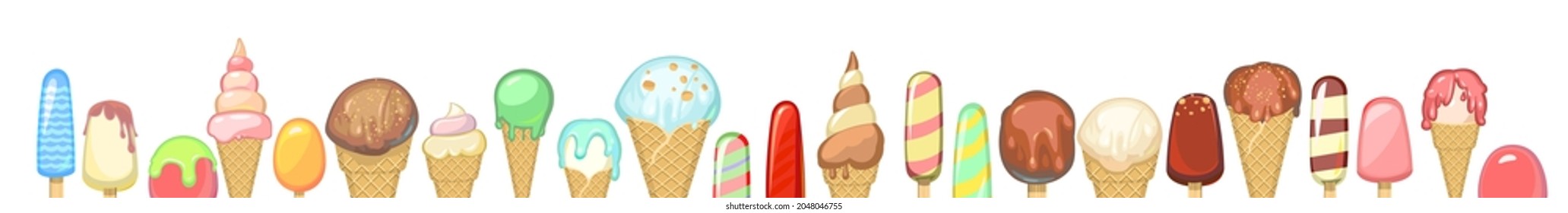 Ice cream bottom border. Set. Background illustration. In waffle glasses and cones. Popsicle on sticks. Summer food sweet dessert. Flat design. Vector