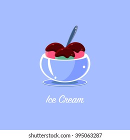 Ice Cream In Bowl Cartoon Style Flat Vector Design Illustration With Text