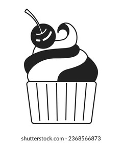 Ice cream bowl with cherry monochrome flat vector object. Tasty dessert. Soft serve ice cream. Editable black and white thin line icon. Simple cartoon clip art spot illustration for web graphic design