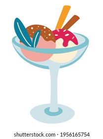Ice cream in a bowl. Cold, fresh dessert with different flavors with two wafer straws. Summer desserts. Milk Based Product Isolated Icon. Cartoon vector illustration