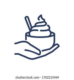 Ice cream bowl in human hand thin line icon. Spoon, summer sweet snack, customer isolated outline sign. Food and dessert concept. Vector illustration symbol element for web design and apps