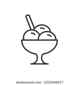 Ice cream bowl - line icon with editable stroke. Outline dessert symbol. Vector illustration isolated on white background.