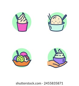 Ice cream in bowl line icon set. Sundae bubble in bowl, paper bowl, hand holding ice cream, sundae balls in glass. Desserts concept. Vector illustration for web design and apps