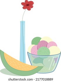 Ice cream bowl with melon and red flower vector illustration