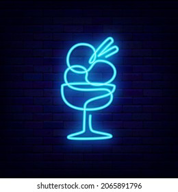 Ice cream bowl neon sign. One line drawing. Sweet bar. Child cold dessert logo. Night bright emblem. Outer glowing effect banner. Editable stroke. Isolated vector stock illustration