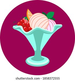 Ice cream bowl on a round purple background. Vector flat illustration.