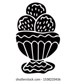 Ice cream in a cream bowl on a white background. Hand drawing. Black isolated object. Vector.