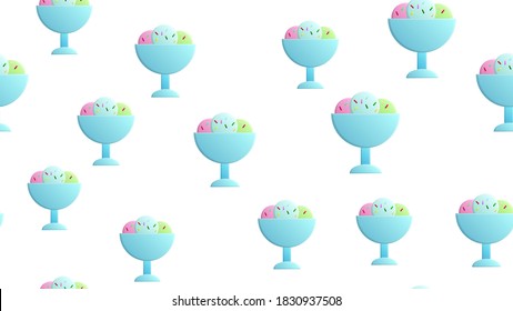 ice cream in a bowl on a white background, pattern, vector illustration. ice cream balls in wallpaper style. decor of cafe and restaurant, kitchen. sweet milk dessert.