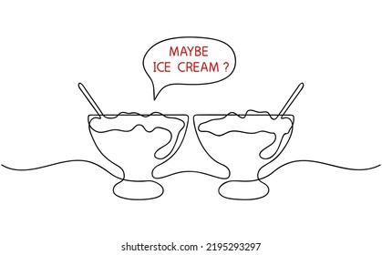 Ice cream in a bowl. One continuous line drawing of sweet dessert. Editable Line Art contour on white background. Vector