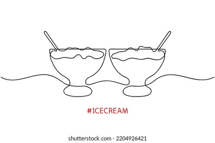 Ice cream in a bowl. One continuous line drawing of sweet dessert. Editable Line Art contour on white background. Vector