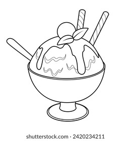 Ice Cream Bowl Vector Cartoon Illustration BW