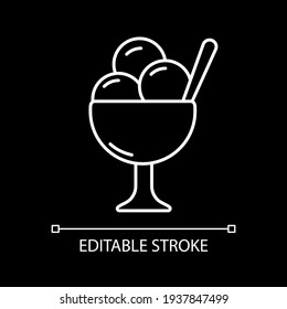 Ice cream in bowl white linear icon for dark theme. Sundae treat. Gelato scoops in cup. Thin line customizable illustration. Isolated vector contour symbol for night mode. Editable stroke