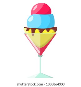 Ice cream bowl with yellow, blue and red balls cartoon icon on isolated white background. Vector EPS10 illustration