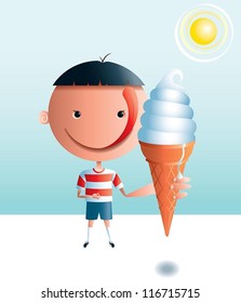Ice Cream Boy A boy with a big head and a big tongue is looking forward to eating an ice cream cone on a hot day.
