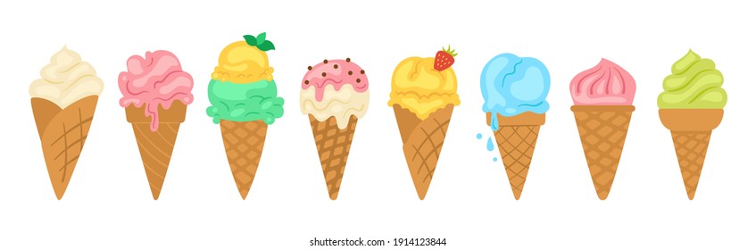 Ice cream bright cartoon set. Vanilla ice cream cone fruit, mint, berry pistachio and strawberries. Kawaiicute summer collection sweet food. Isolated cute dessert vector illustration