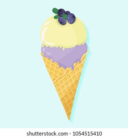 Ice cream in bright cartoon style. Icecream vector in nice colors isolated on blue background.