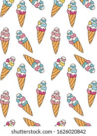 Ice cream in bright cartoon style. Ice cream cone isolated on white background. Pattern