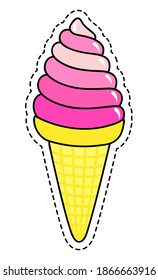 Ice cream in bright cartoon style. Icecream vector in nice colors isolated on white background. Yellow vaffle cone element with dashed line contour. Cold sweet dessert, frozen sweetness pink gradient
