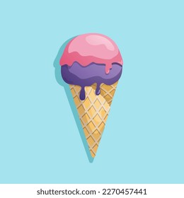 Ice cream in bright cartoon style. An ice cream cone in a waffle cone with purple and pink ice cream on a blue background.