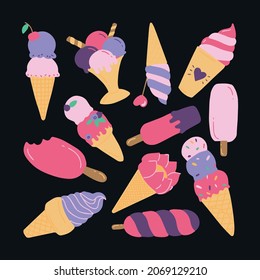 ice cream in bright colors and different shapes.