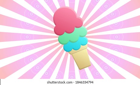 ice cream with bright creamy balls in a waffle glass on a white-pink retro background, vector illustration. milk dessert. berry balls with sugar topping. delicious candy for a hot day