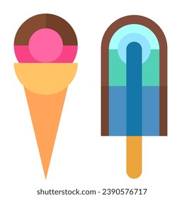 Ice cream in bright geometric style. Fast food product or junk cuisine. Minimalistic modern design. Cartoon flat vector illustration.
