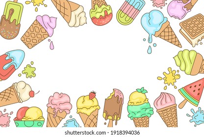 Ice cream bright line greeting card. Sweet background for text. Chocolate, vanilla doodle ice cream cone fruit, mint, berry. Kawaii summer collection food and splash. Dessert vector illustration