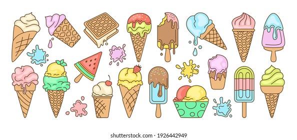 Ice cream bright line set. Chocolate, vanilla doodle ice cream cone fruit, mint, berry. Kawaii icon summer collection sweet food and splash. Watermelon on stick. Isolated dessert vector illustration