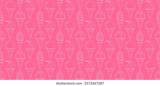 Ice Cream Bright Pink Seamless Pattern. Cute Summer Icecream Cone Repeating Endless Background.